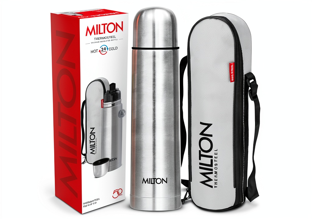 Milton Thermosteel Flip Lid Bottle in silver color on a table