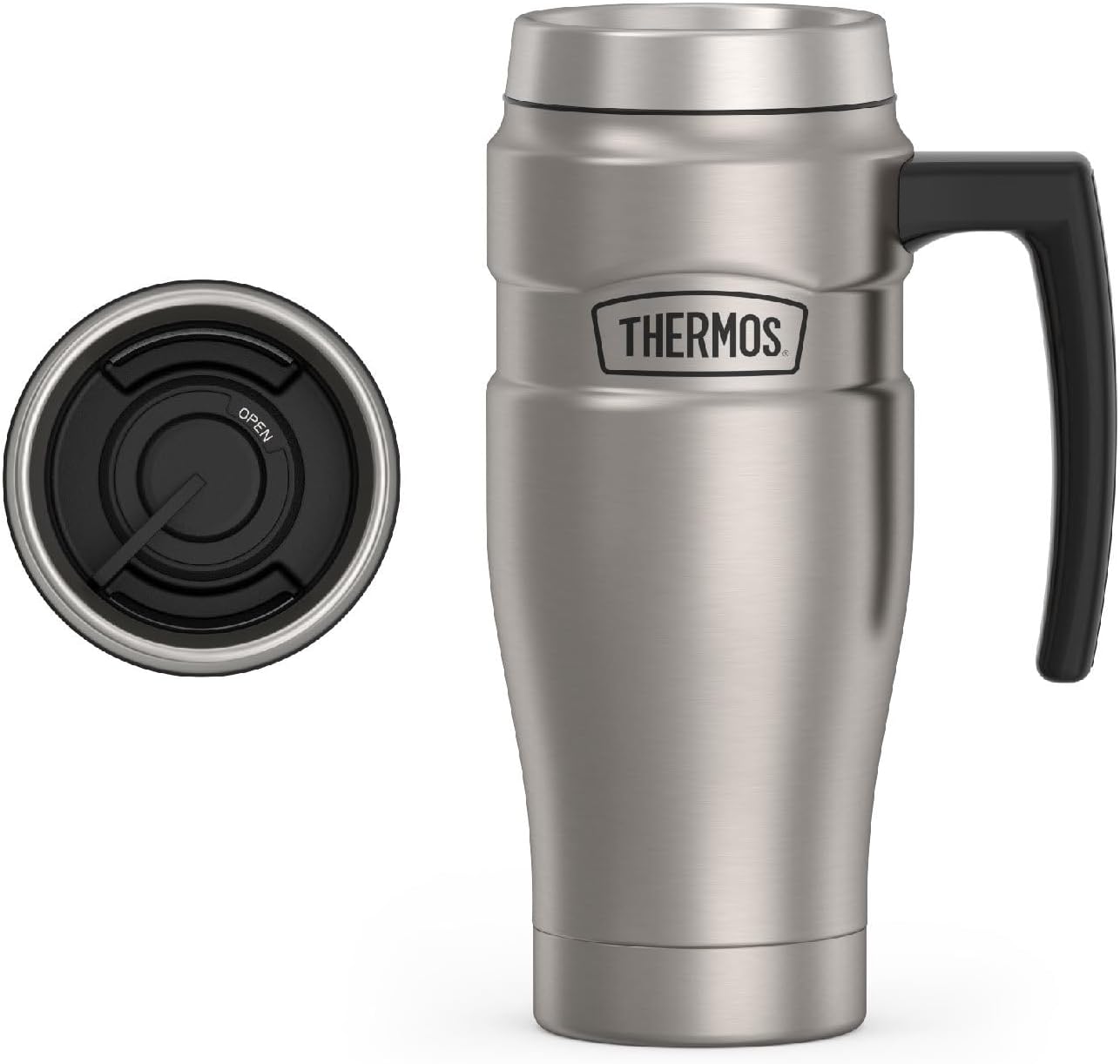 Thermos Stainless King Travel Mug in Matte Stainless Steel color on a table