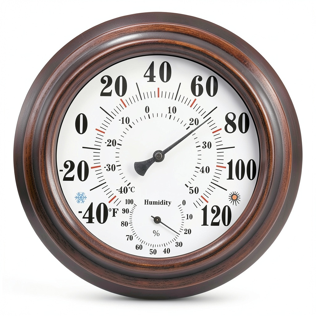 'Generic analog thermometer hygrometer mounted on a patio wall'