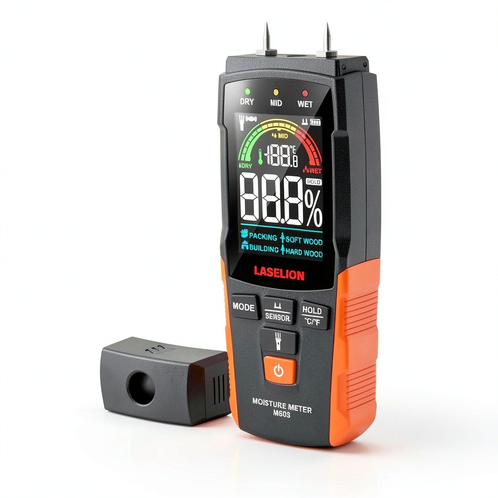 LASELION moisture meter in use on a wooden surface